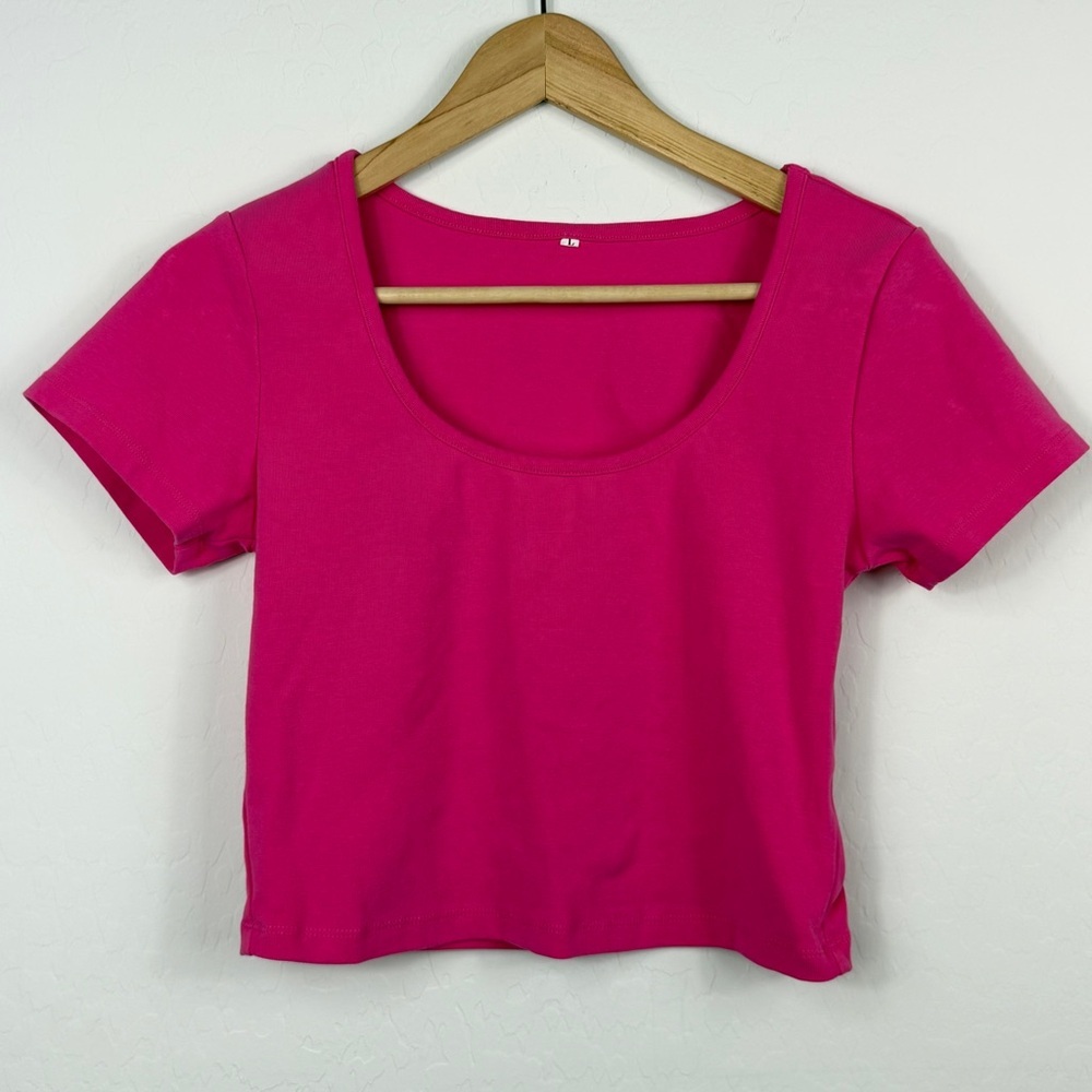 Pink Scoop Neck Crop Top Short Sleeve Cotton Spandex Tee Womens Large - Picture 5 of 7